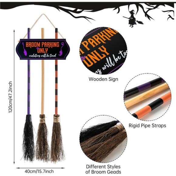Porch Halloween Decorations - Halloween Broom Parking Sign with 3 Wooden Witches - Picture 2 of 7